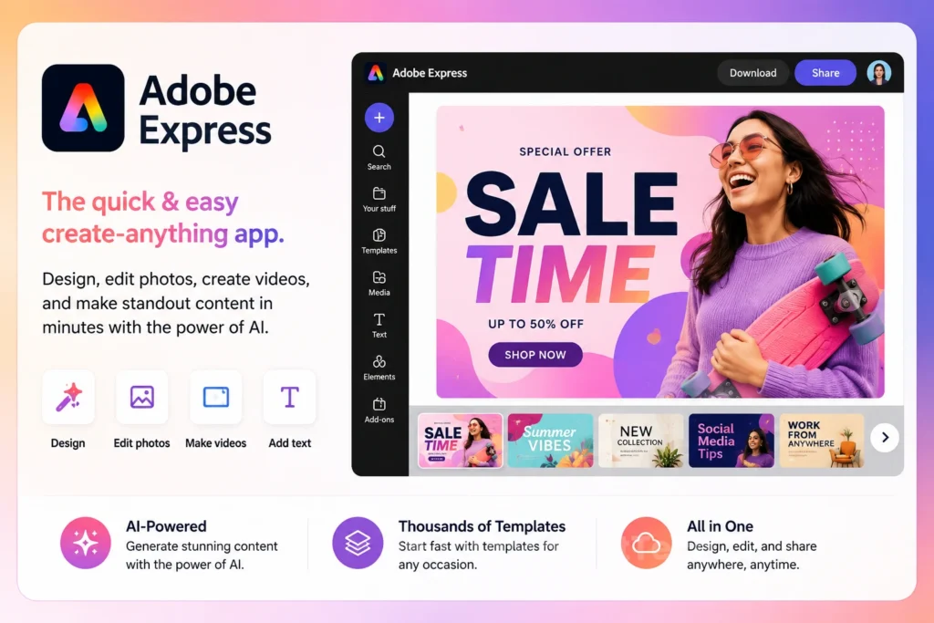 Adobe Express AI-powered design platform for creating graphics, videos, and marketing content.