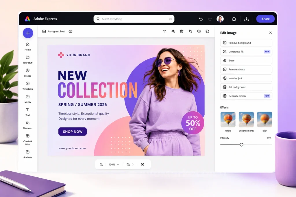 Adobe Express design workspace featuring AI-powered editing tools and a marketing graphics project.