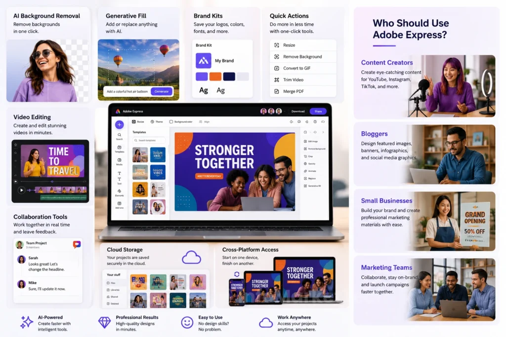 Adobe Express AI platform showcasing background removal, generative fill, brand kits, video editing, collaboration tools, and marketing content creation.