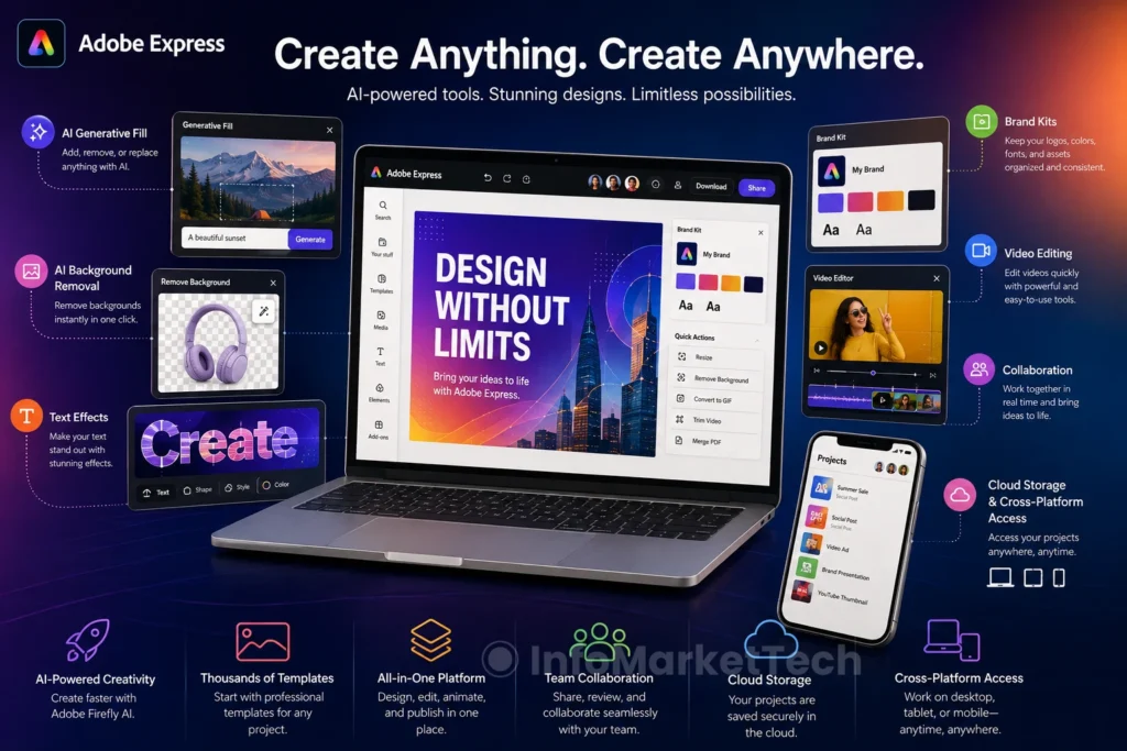 Adobe Express AI platform displaying brand kits, video editing, collaboration tools, cloud storage, and cross-platform creative features.