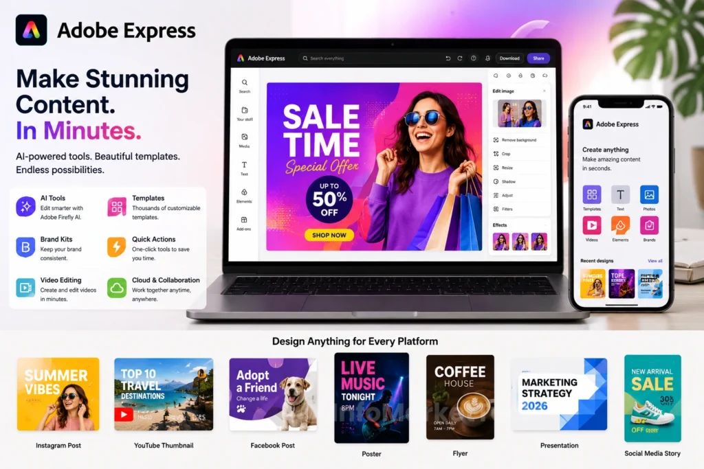 Adobe Express AI-powered design platform displayed on a modern creative workspace.
