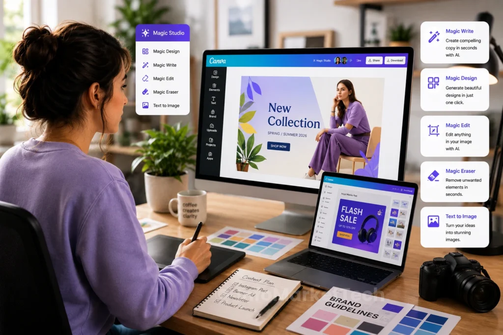 Content creator producing marketing materials with AI-powered design software.