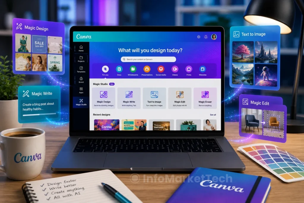 Canva Magic Studio AI-powered design platform displayed on a modern laptop in a creative workspace.