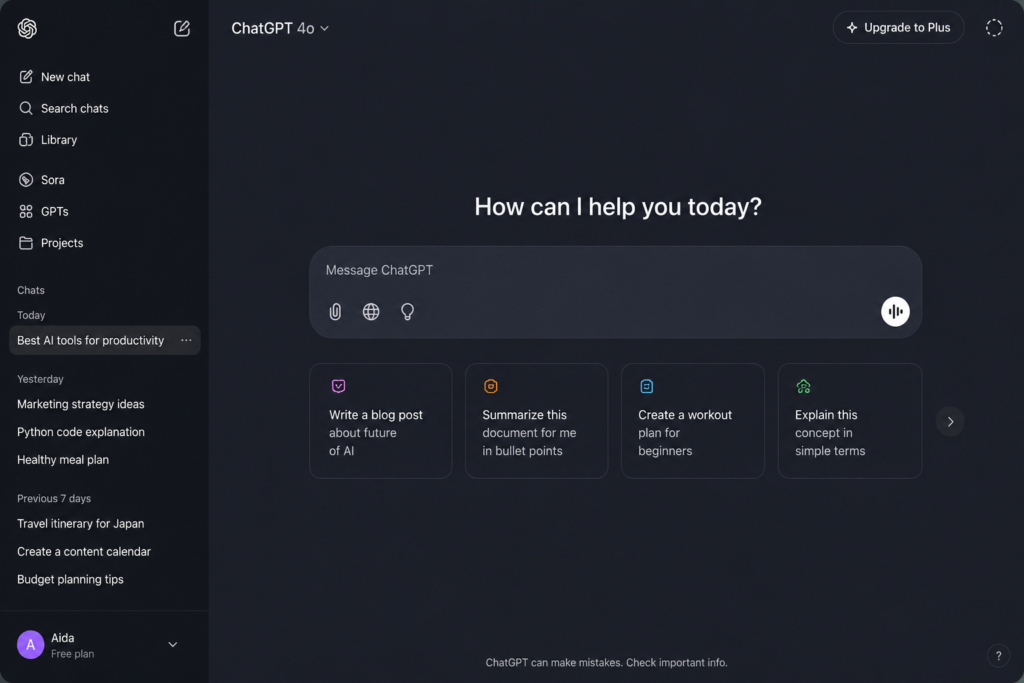 ChatGPT interface showing AI assistant for writing, coding, research, and productivity.