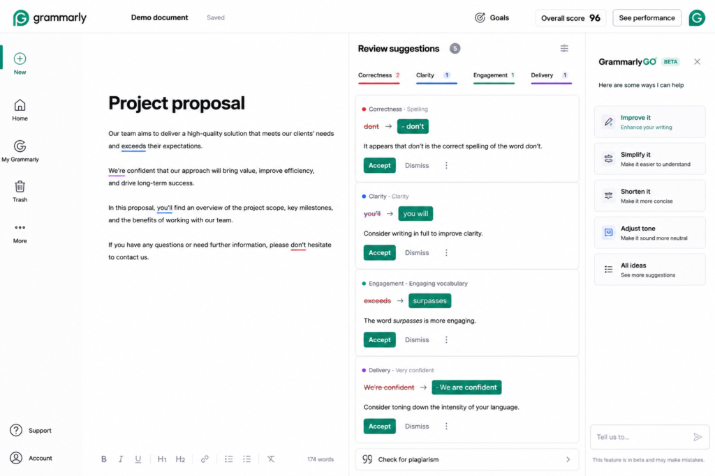 Grammarly interface providing AI-powered grammar checking, writing suggestions, tone detection, and content improvement for professional communication.