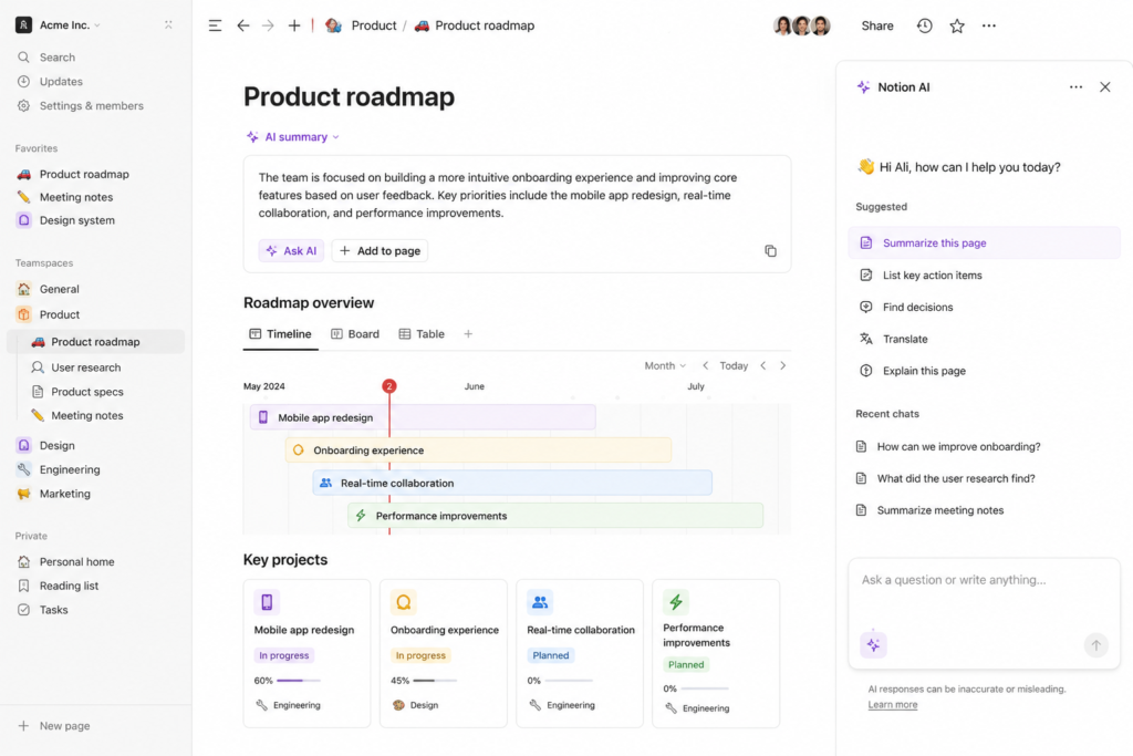 Notion AI workspace featuring AI-powered note-taking, project management, and collaboration tools.